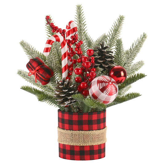 Super Holiday Small Winter Buffalo Check Plaid Christmas Tree, Artificial Mini Tabletop Christmas Tree Decorations with Xmas Ornaments, for Home Party Thankgivings Decor, Red/Black-Indoor