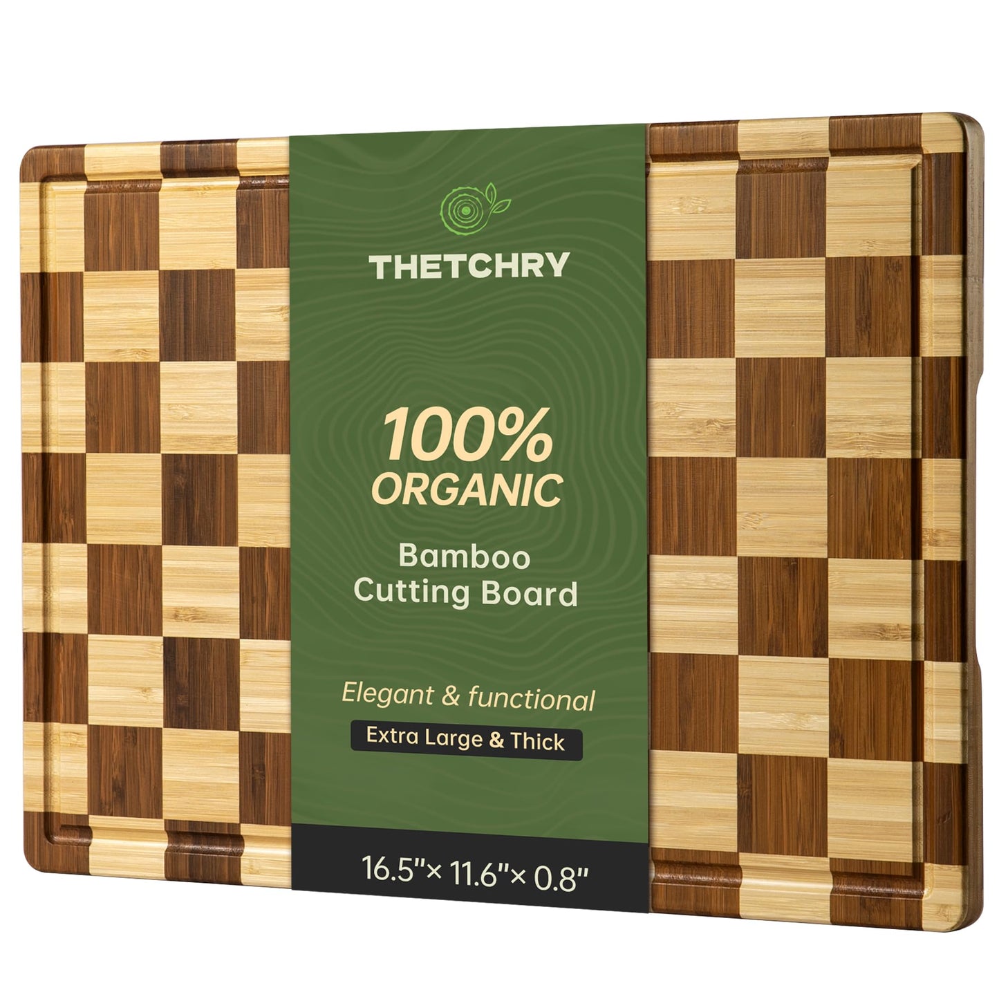THETCHRY Bamboo Cutting Boards for Kitchen, Checkered Wooden Cutting Board with Juice Groove, Non Slip, Non Toxic Serving Tray, Thick Large Chopping Board Gift for Home Chef, 16.5” x 11.6” x 0.8”
