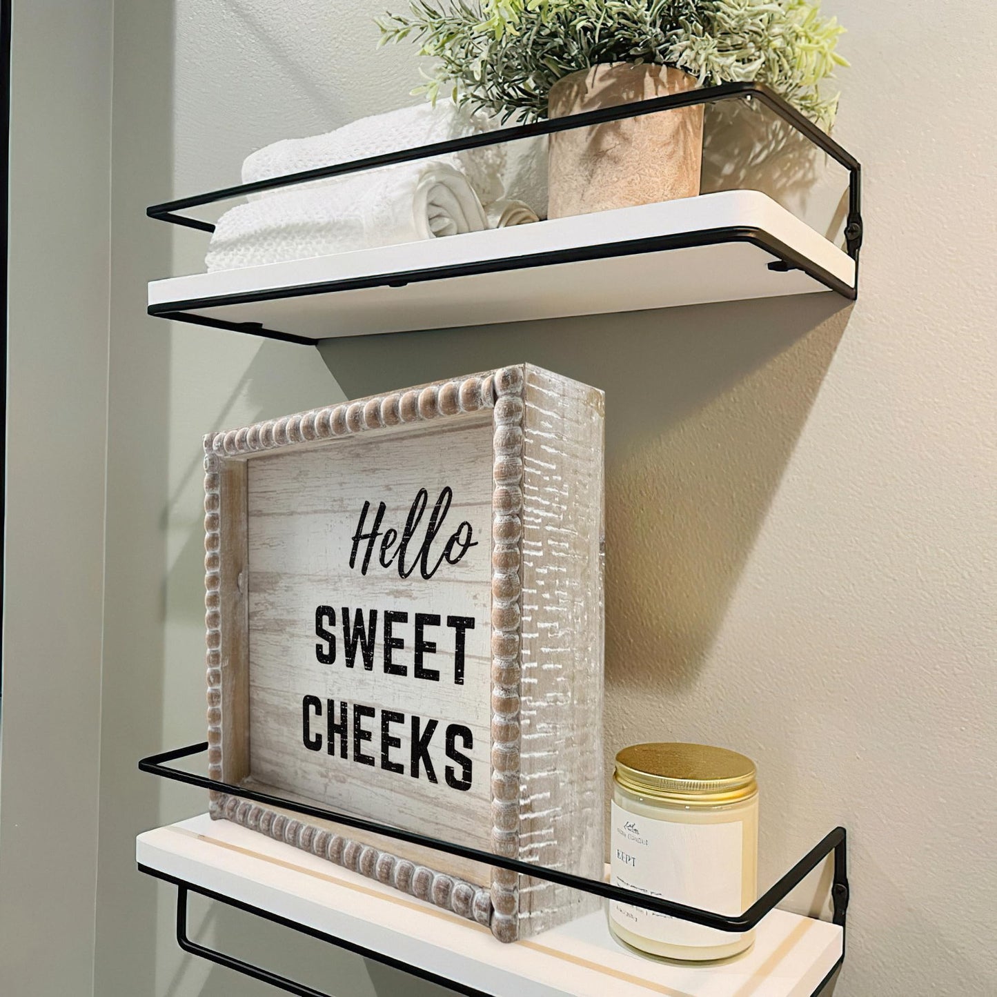 Boho Farmhouse Wooden Framed Bathroom Decor Signs, Funny Restroom Decorative Plaque Small Cute, Toilet Rules Shelf Decoration (Hello Sweet Cheeks)