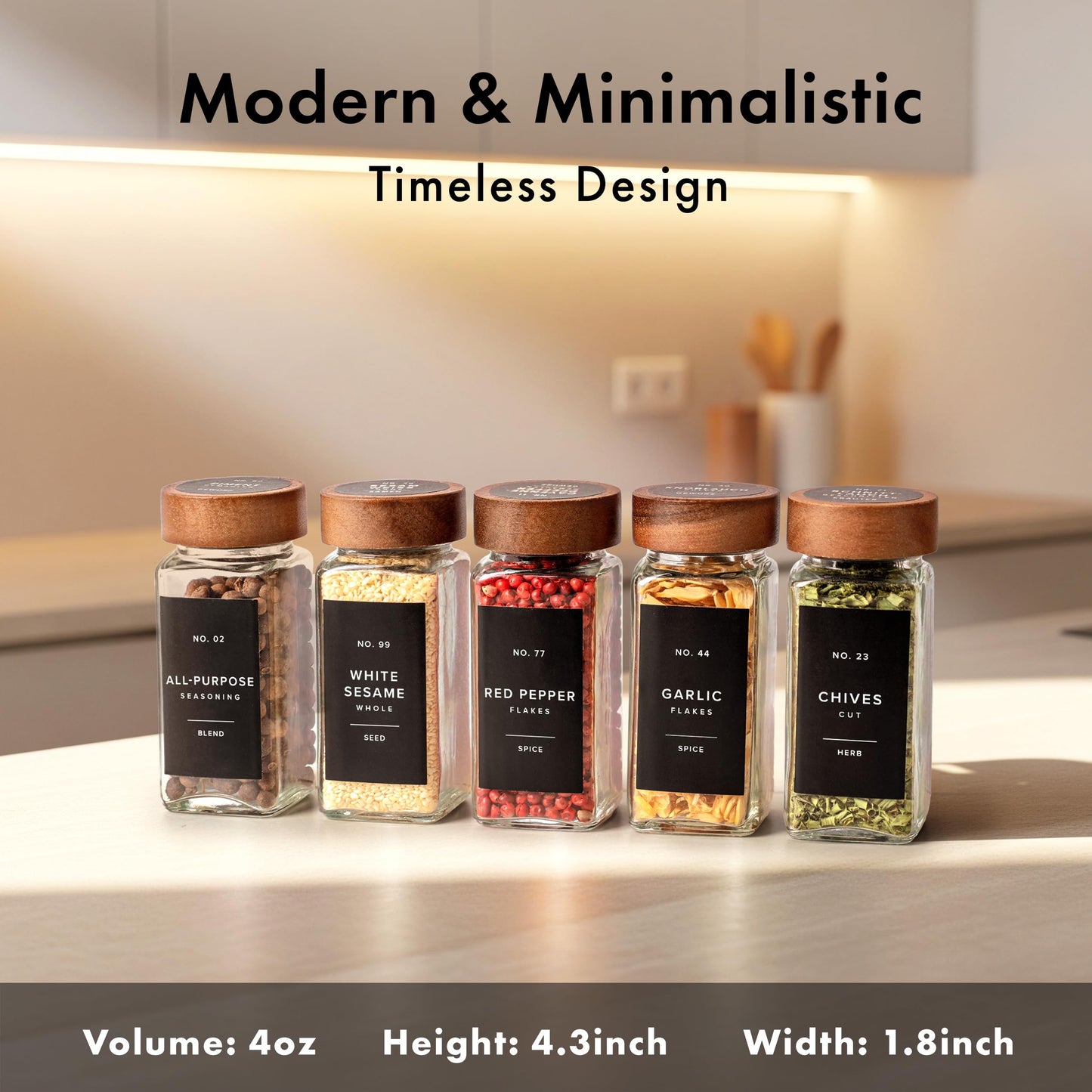 EDELHAUS® Square Spice Jars with Acacia Wooden Lid (Pack of 24) Spice Jars with Shaker Insert and 240 Labels - Acacia Lids Glass Container for Spice Organisation [4.3 in × 1.8 in]