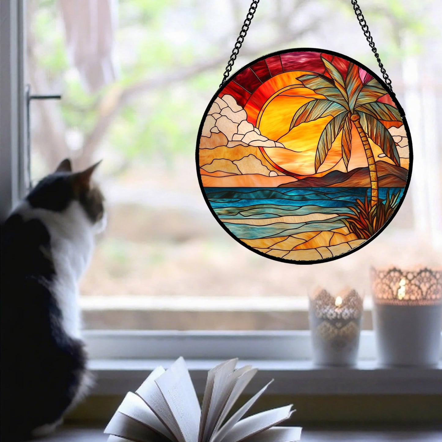 CHATYOUNG Stained Glass Window Hanging Sunrise Over A Blue Ocean Landscape 7.8" - Suncatcher Door Garden Home Decor Birthday Christmas for Men Woman Mom Nana Grandma Girl Dad