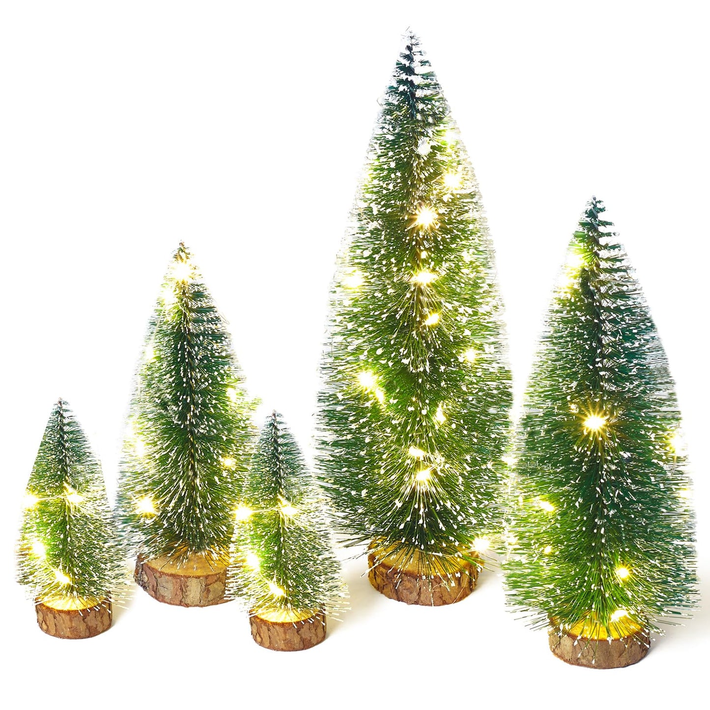 Mini Christmas Tree with Lights, Small Table Top Decorations, Desktop Miniature Pine Tree Xmas Holiday Decor Indoor Home, Bottle Brush Trees with Wooden Base, 5 Pcs with Light