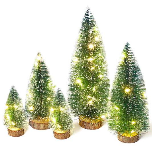 Mini Christmas Tree with Lights, Small Table Top Decorations, Desktop Miniature Pine Tree Xmas Holiday Decor Indoor Home, Bottle Brush Trees with Wooden Base, 5 Pcs with Light