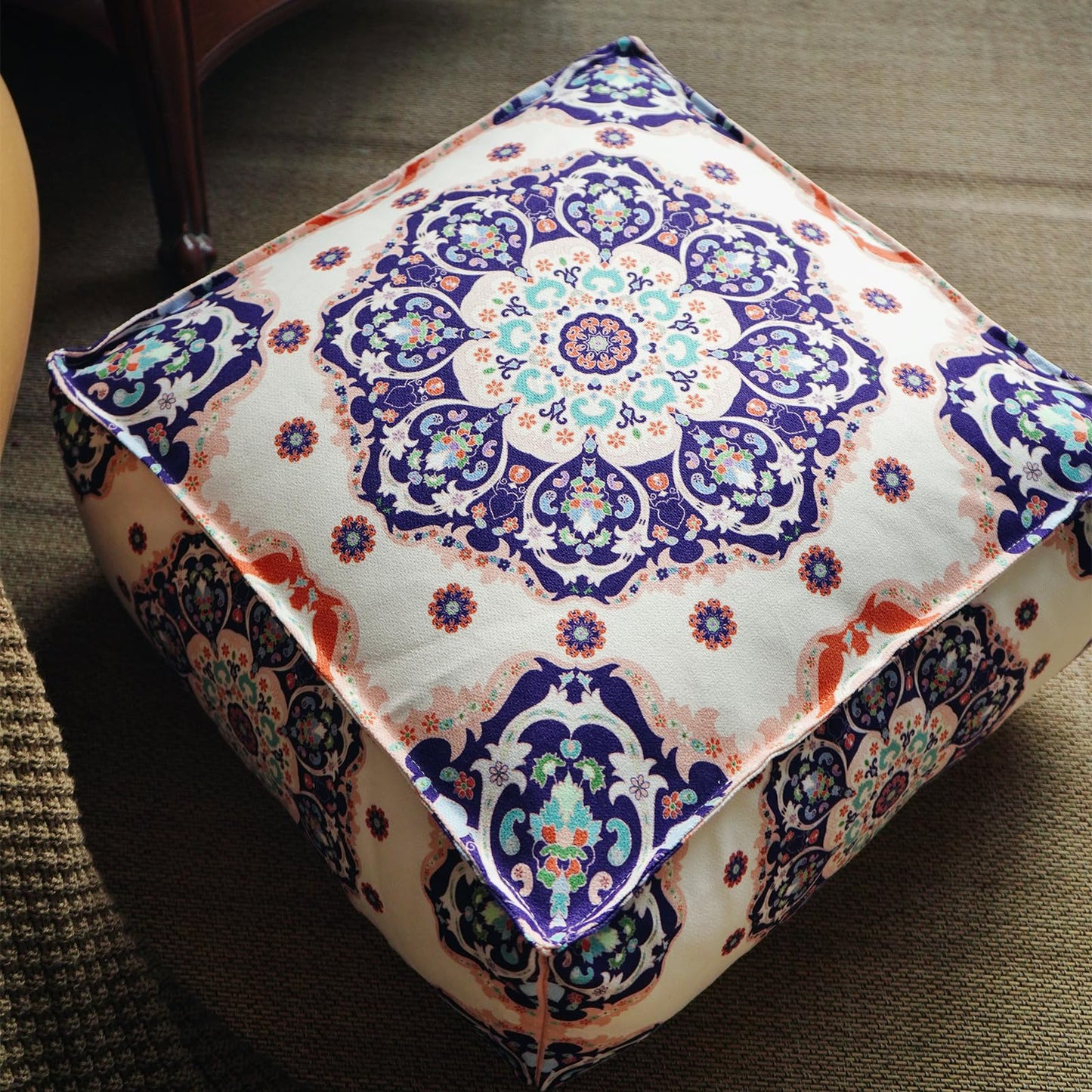 Artbloss Unstuffed Pouf Cover Ottoman Footrest Bohemian Chenille Foot Stool Floor Bean Bag 20x20x8 Inches for Living Room Bedroom Home Decor (Blue, Square)