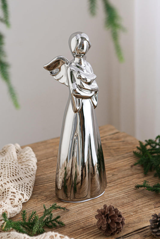SURE YUESI for Mom from Daughter Son Kids- Statue Sculptures 13.8 Inch Ceramic Angel Figurine, Home Decor for Bedroom, Bathroom, Entryway, Bookshelf, Fireplace, TV Stand, Console Table- Silver