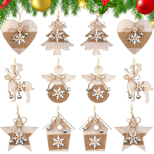 Jetec 12 Pcs Rustic Christmas Wooden Ornaments Set Reindeer Star Wood Ornaments Natural Wood Christmas Tree Decoration Assorted Farmhouse Hanging Ornament for DIY Xmas Tree Party Decor(Cute Style)