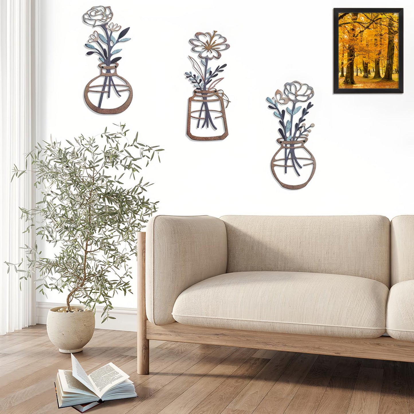 Lcaughsy Metal-Wall-Decor Living Room - 3 Pcs Metal Bathroom Wall Art Floral Vase and Picture Frame for Decoration- Hanging Display Wall Decor Art for Home Dining Room Bedroom Kitchen Farmhouse,Brown