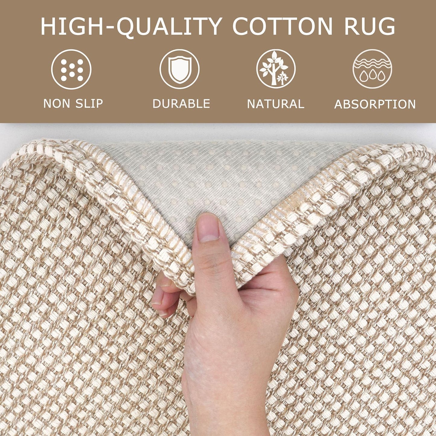 KOZYFLY Indoor Door Mat 2x3 ft Small Area Rugs Washable Front Door Mat Non Slip Rubber Backed Entryway Rug Cotton Entrance Doormat for Front Porch Bathroom Kitchen Bedroom, Ivory/Khaki