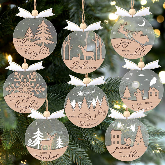 GuassLee 16pcs Winter Christmas Hanging Ornaments for Tree - 3D Wooden Acrylic Christmas Cutouts Reindeer Snowman Snowflake Ornaments for Xmas Tree Gifts Winter Party Supplies