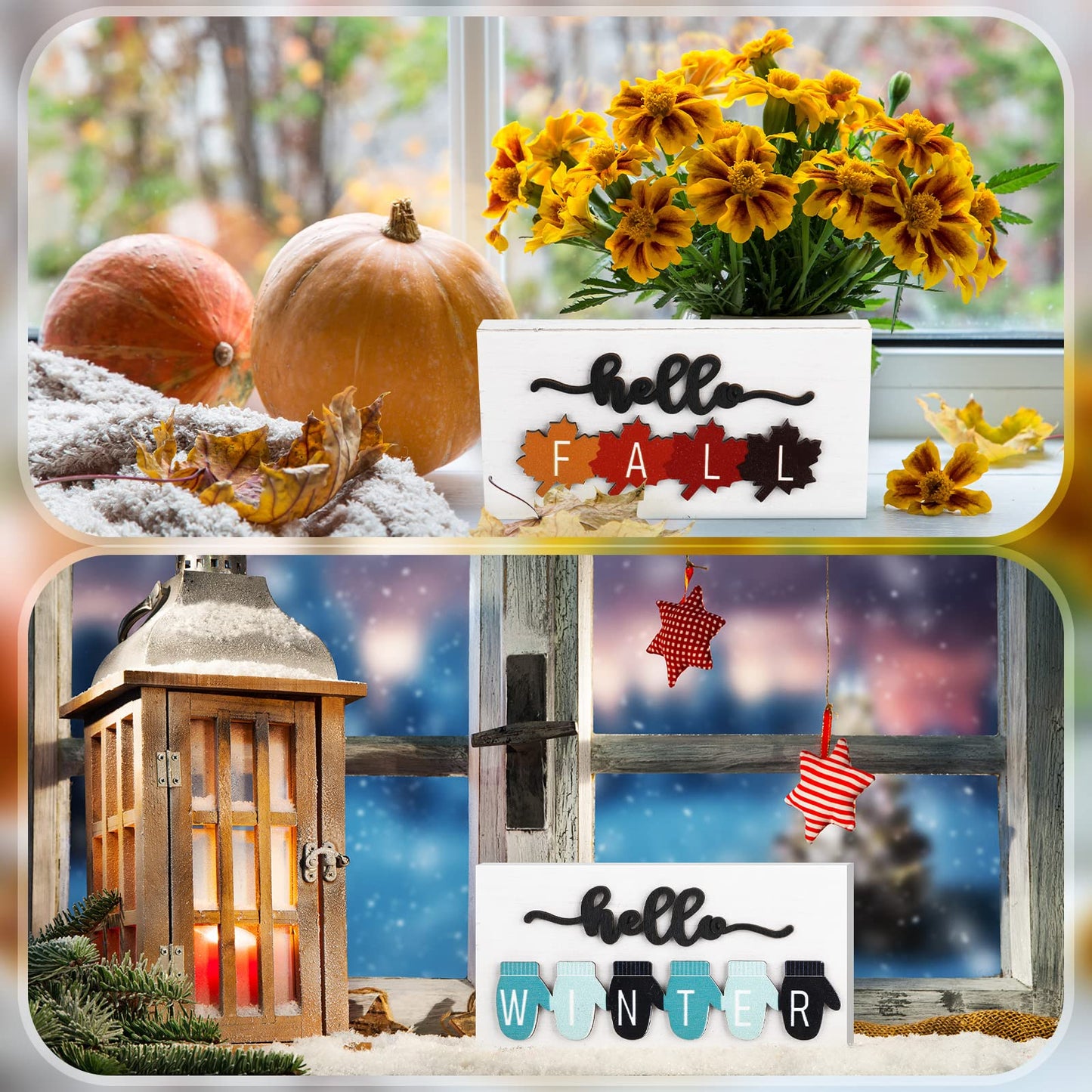 Roowest 5 Pcs Hello Spring Interchangeable Sign Seasonal Sign Summer Fall Winter Tiered Tray Decor 5.9 x 3 Inch Wooden 4 Seasons Farmhouse Table Centerpiece Decoration for Home Shelf Office(Fresh)