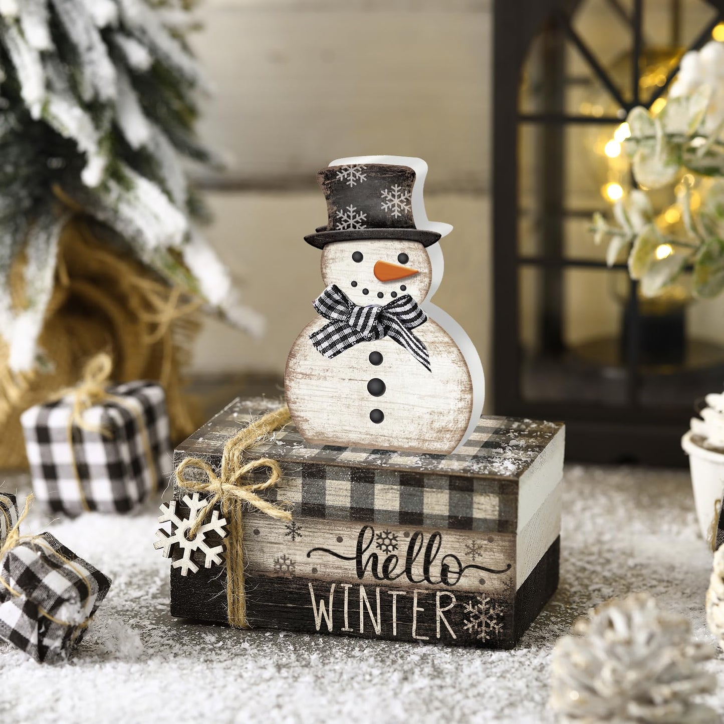 Anglechic 4 Pcs Winter Snowman Decor Hello Winter Table Decorations Christmas Tiered Tray Decor Centerpiece Indoor Rustic Wooden Snowman Block Sign Gift Farmhouse for Home Kitchen Shelf
