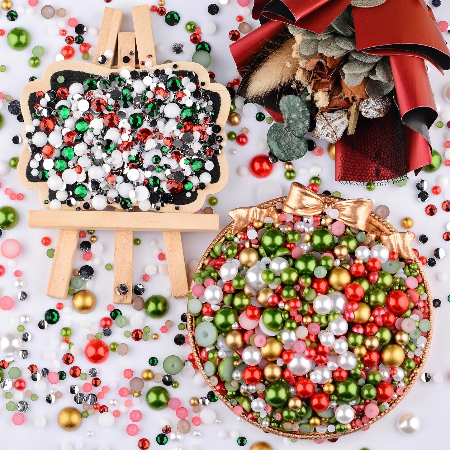 Kikonoke 75g Mix Resin Pearls Rhinestones Kit, 3-10mm Half Pearls and 2-6mm Flatback Rhinestones for Nail Art Decoration Shoes Clothes Tumblers Scrapbooking Craft DIY (Christmas)