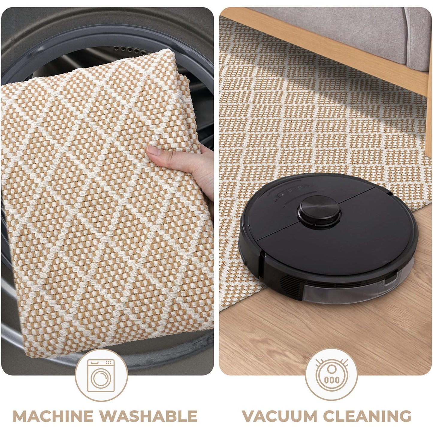 KOZYFLY Small Area Rug 2x3 Ft Washable Entryway Rug Non Slip Rubber Backed Throw Rugs Indoor Door Mat, Braided Cotton Floor Carpet for Front Entrance Front Door Sink Foyer, Tan/Beige