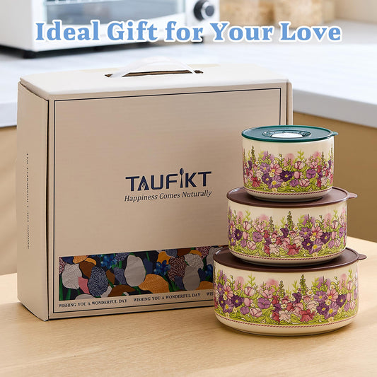 TAUFIKT Food Storage Containers with Lids, 4"/ 5"/ 6" Nesting Bowls Set, Serving Bowls with Lids Set, Pasta Ceramic Bowls Set Decorative Bowl for Soup, Stew, Cereal, Microwave and Oven Safe (Rose)