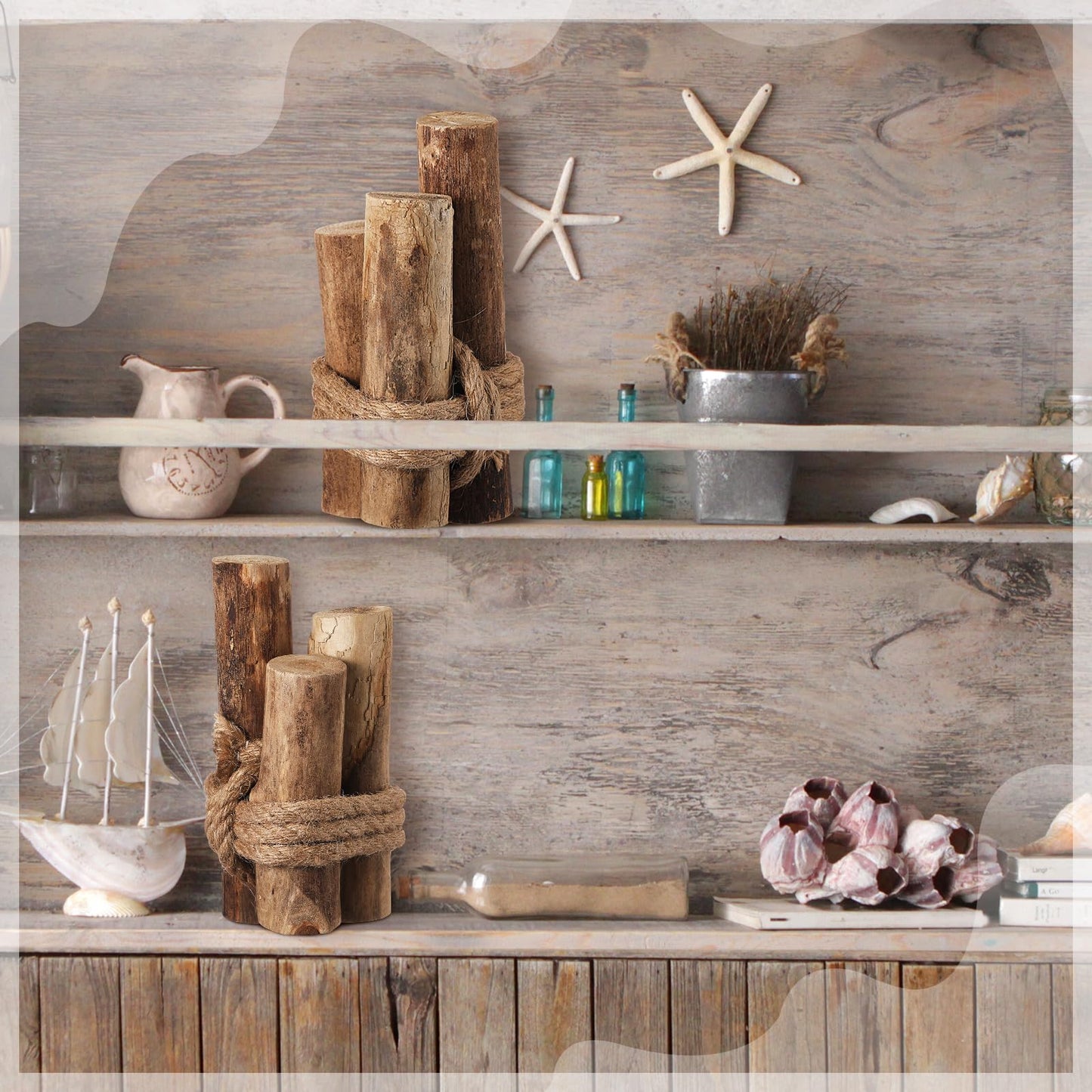 Threehoney Brown 3 Pcs Driftwood Decor Rustic Table Sign Beach Driftwood Piling Farmhouse Coastal Nautical Centerpieces Tables Coastal Decor for Fish Tanks Summer Christmas Kitchen Dining Decoration