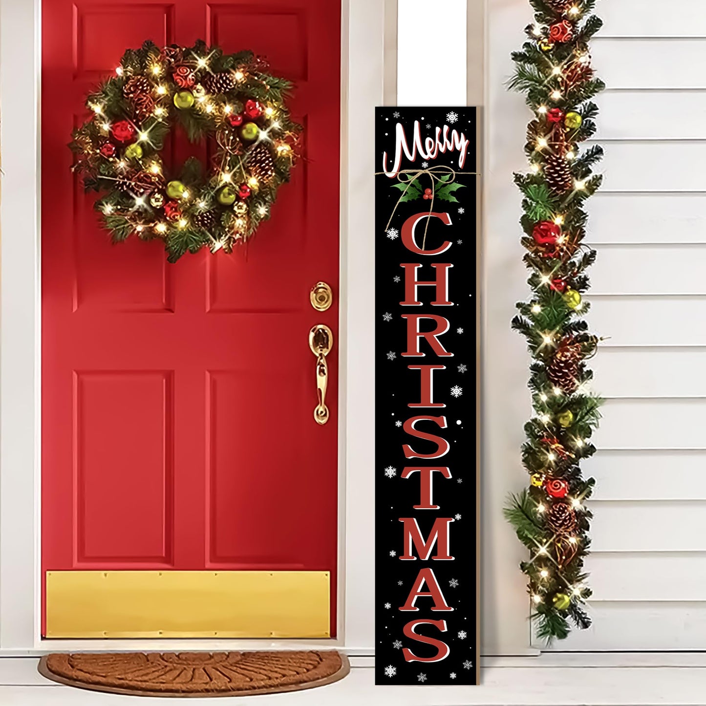 Merry Christmas Welcome Porch Sign Xmas Wooden Door Sign 47'' Large Porch Sign for Home Front Door Yard Party Decor