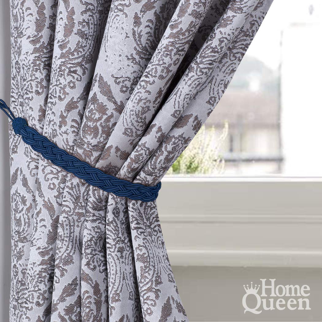 Home Queen Hand Braided Curtain Tie Back, Buckle Holdback Drapery Curtain Tiebacks, 2 Rope Belt Curtain Tie with 2 Metal Hooks, Navy