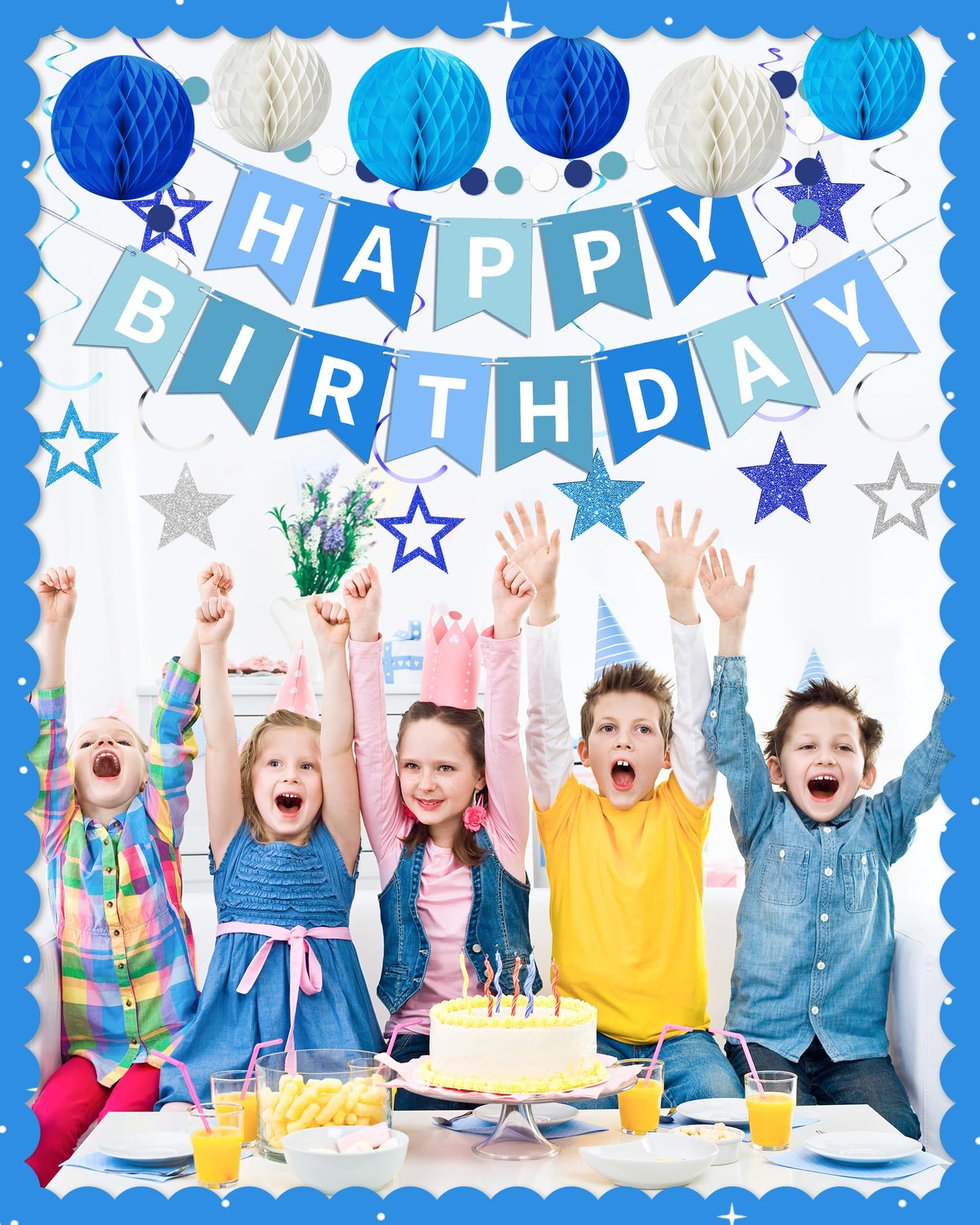 Blue Happy Birthday Decorations, Happy Birthday Banner with Honeycomb Balls, Stars Hanging Swirl Streamers, Dots Garland, Party Decorations for Men Boys Women Girls