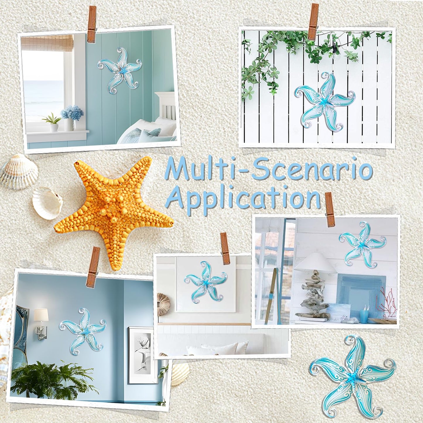 POXOHO Starfish Coastal Wall Decor Art, Starfish Beach Theme Bathroom Decor for Bedroom House Home, 12" Hanging Glass Sculpture, Beach Wall Art Ocean Gifts for Women & Men (Sky Blue)