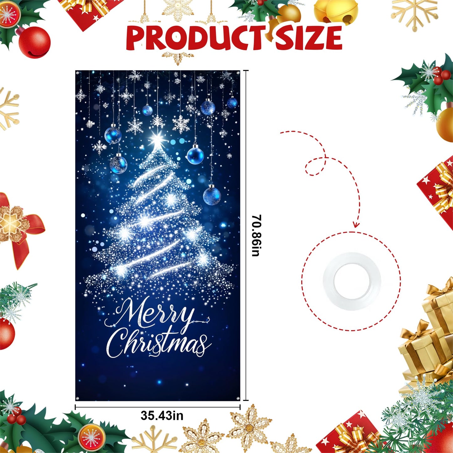 Christmas Door Cover Xmas Banner, 70.8 x 35.4 inch Hanging Front Door Cover Christmas Decor Backdrop Santa Background for Home Winter Holiday, Blue Christmas tree