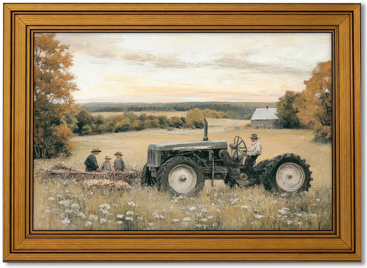 Vintage Gold Framed Canvas Wall Art, Old Tractor Poster Artwork, Country Landscape Print Picture, Farmhouse Aesthetic Painting Wall Decor, for Living Room, Bedroom, Home Decoration, 9x11in
