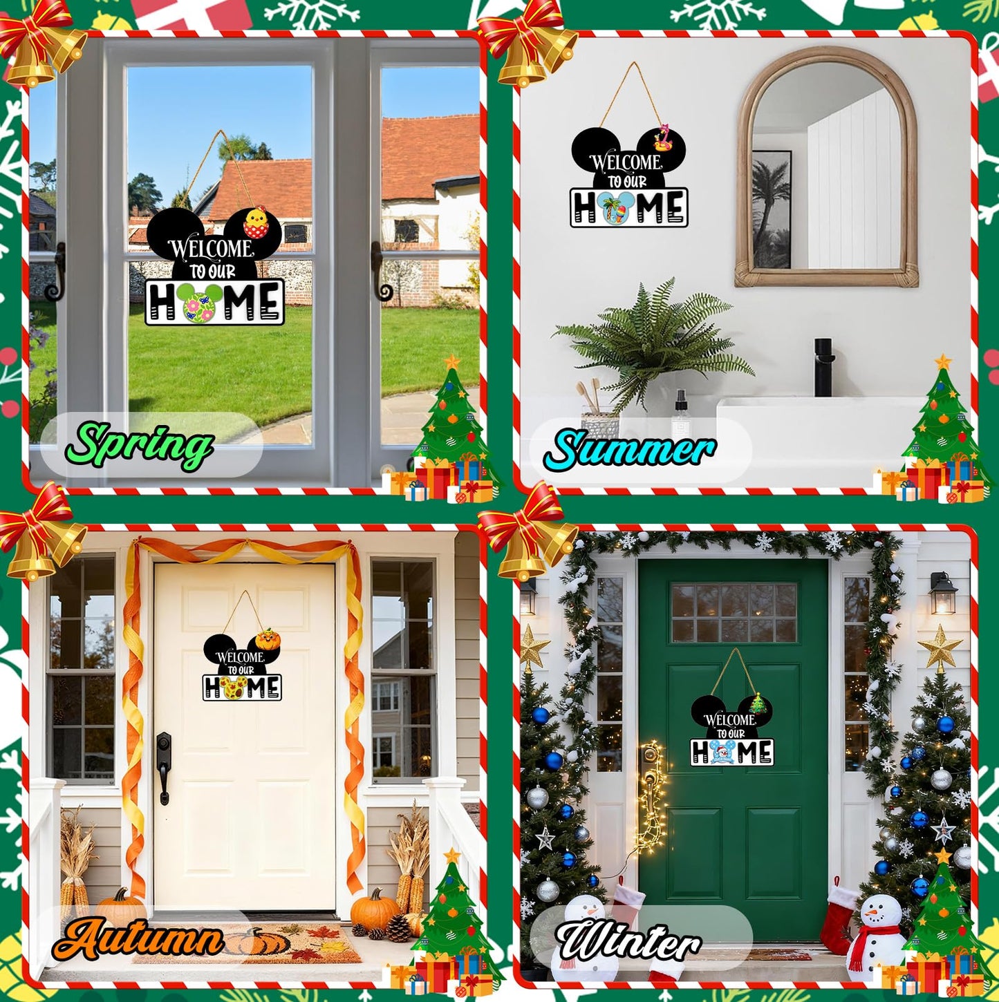 Mouse Home Decor, Interchangeable Seasonal Welcome Sign with 22PCS Interchangeable Holiday Pieces for Spring Summer Fall All Seasons Holiday Halloween Christmas