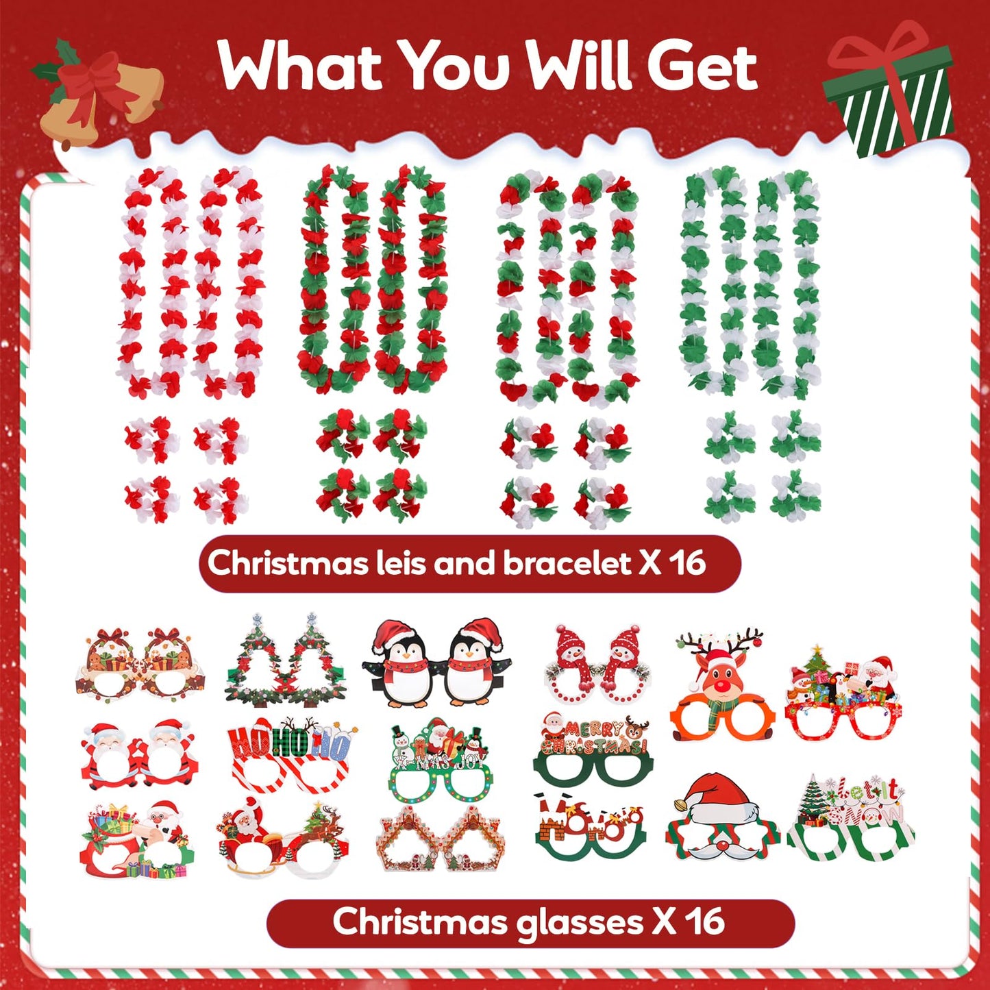 Atonofun 64 PCS Leis for Christmas Party Decorations- Leis Bulk, Red and Green Flower Lei for Adults Birthday Christmas Party Favors Supplies