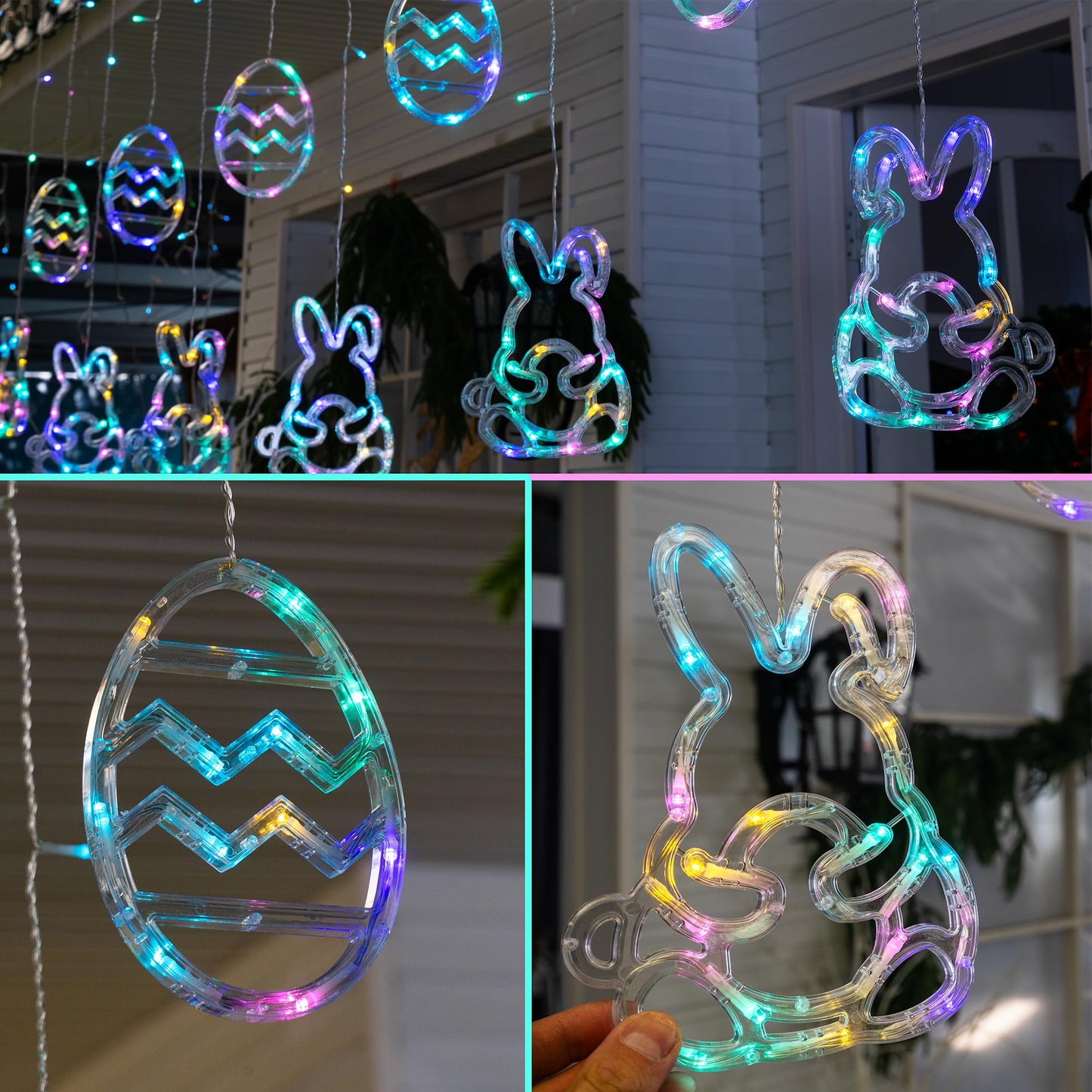 Dazzle Bright Easter Lights, 222LED 9FT Pastel Rabbit and Eggs Curtain String Lights with 8 Modes, Plug in Easter Decorations for Indoor Window Outdoor Party Decor (Pastel)