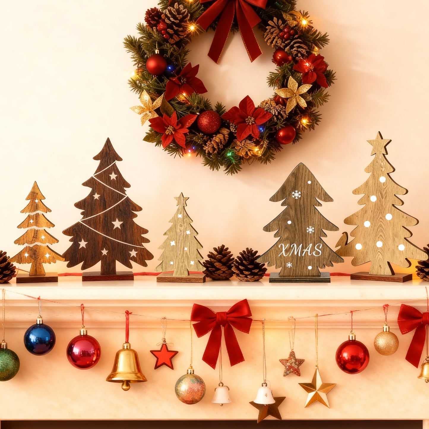 Christmas Decorations Indoor - 5PCS Wooden Christmas Trees Tabletop Shelf Decor Rustic Christmas Decorations Table Centerpieces Wooden Trees Sign for Home Office Fireplace Farmhouse Xmas Party