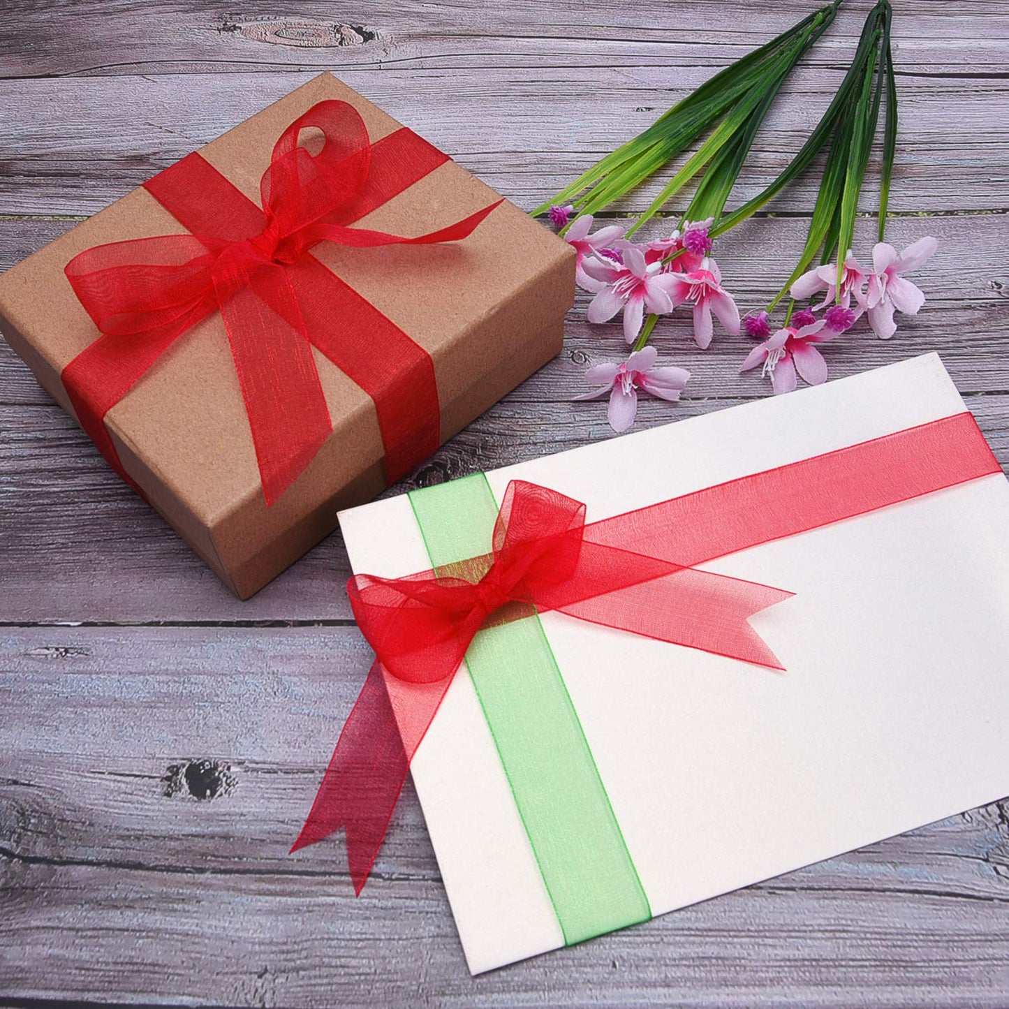 Livder 4 Rolls 200 Yard Christmas Red Green Organza Ribbons for Gift Wrapping, Room Decoration