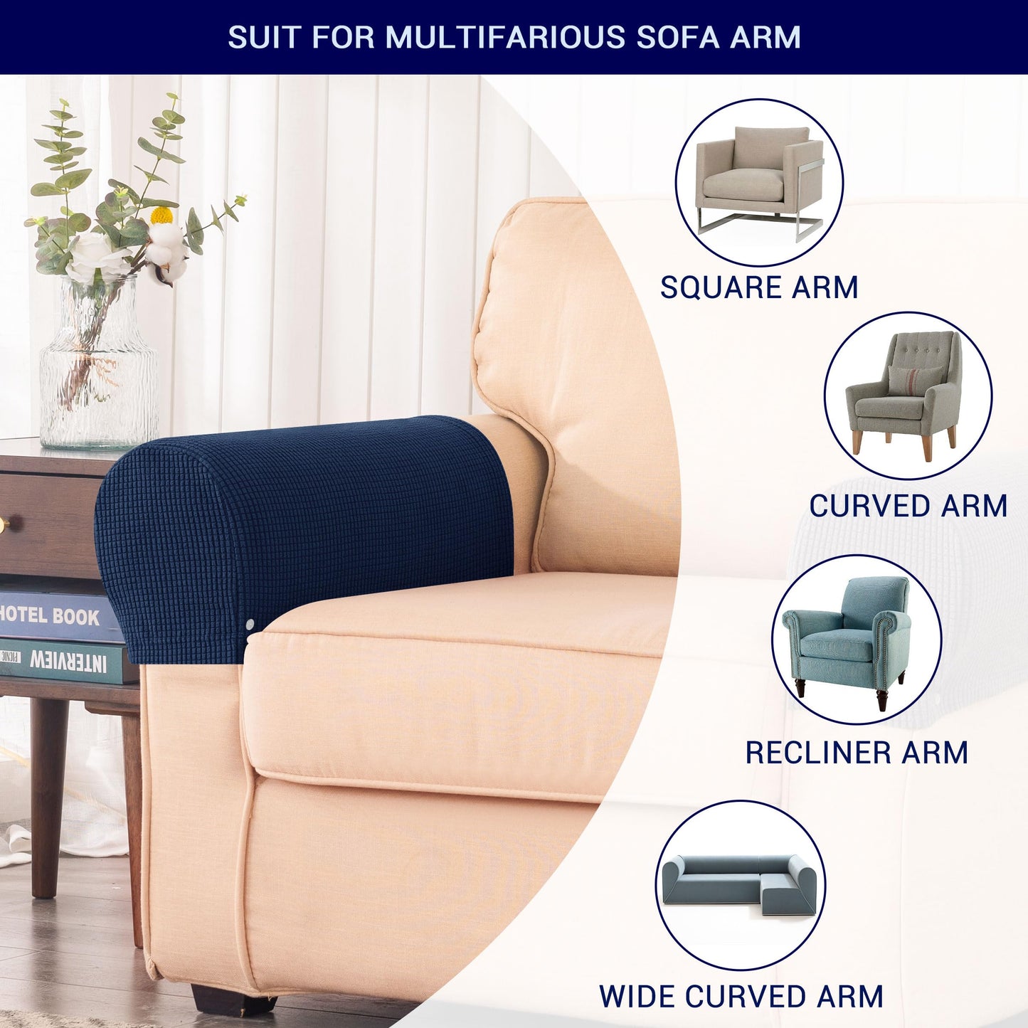 SUBRTEX Stretch Couch Arm Covers Set of 2, Checkered Sofa Arm Slipcovers, Anti-Slip Armrest Covers for Recliner and Armchairs, Pet Proof, High Stretchy, Hook & Loop Tape, Navy