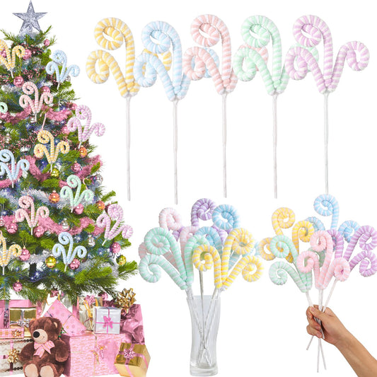 5pcs Set Macaron Color Christmas Decorations Picks, Pastel Woolen Candy Cane Christmas Tree Curly Picks, Christmas Tree Topper Decorations Home Vase Holiday Party Ornaments