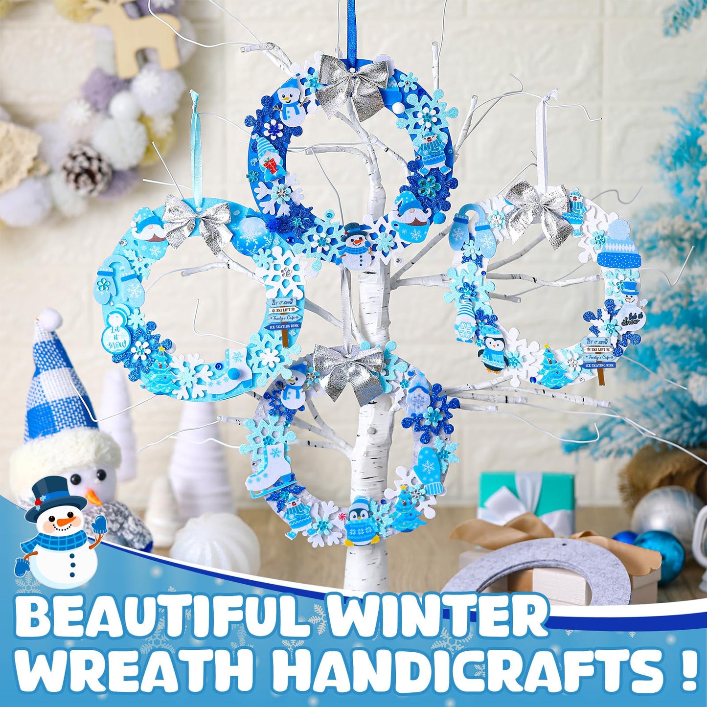 Moucuny 620/600 Pcs Winter Wreath Craft Kits DIY Snowman Christmas Wreath Crafts Kits Xmas Winter Home Decorations for Party Favors(Let It Snow,Dark Blue, Light Blue, White, Gray)