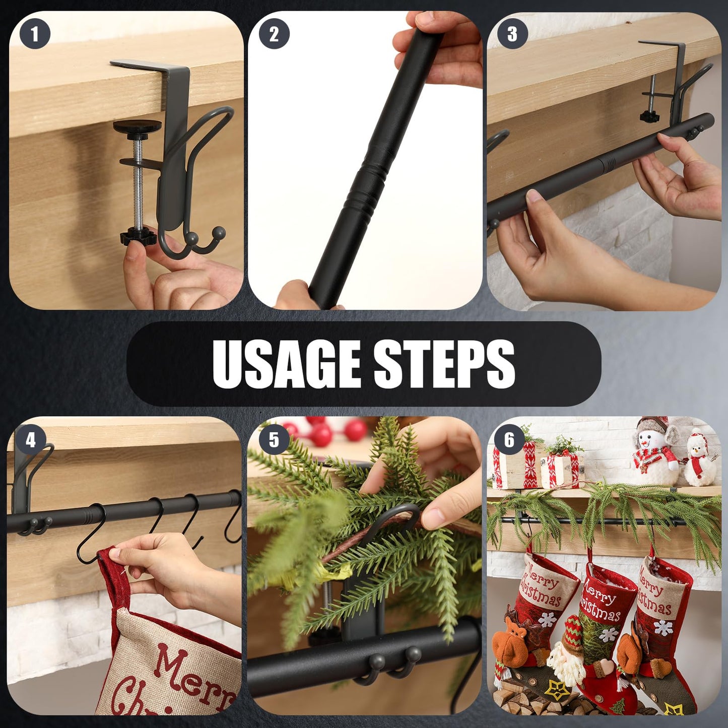 Hoolerry 10 Pcs 3 in 1 Christmas Stocking Garland Hanger for Mantle Fireplace Mantel Garland Hangers with Adjustable Tension Rods Hooks for Xmas Holiday Stocking Wreath Hanging Ornament (Small,Black)