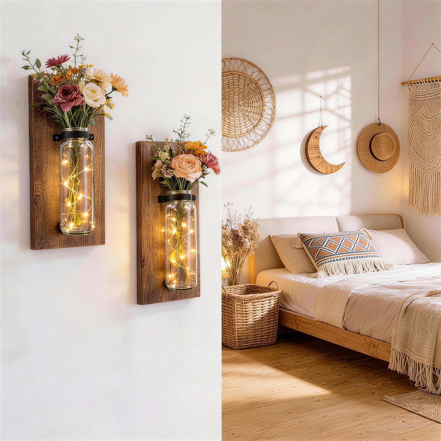 Heiple 2 Pack Wood Glass Wall Sconces, Farmhouse Planters for Indoor Plants, Rustic Decor for Living Room, Hanging Vase (Brown)