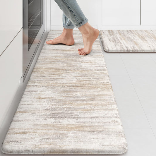 KIMODE Anti Fatigue Kitchen Mats for Floor 2 Piece, Cushioned Abstract Kitchen Rugs,Memory Foam Kitchen Floor Mats, Standing Desk Mats for Laundry, Office, Sink Light Brown Multi 17"x47"+17"x29"