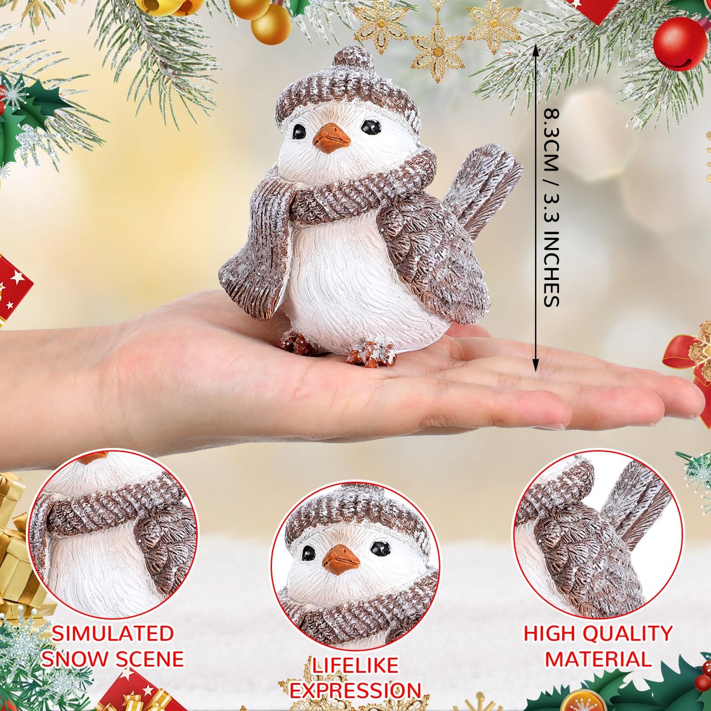 Cinnvoice 4 Pcs Wintry Resin Figurines Winter Christmas Bird Tabletop Figurine Decorations for Xmas Holiday Home Decor and Gifts (Cute)