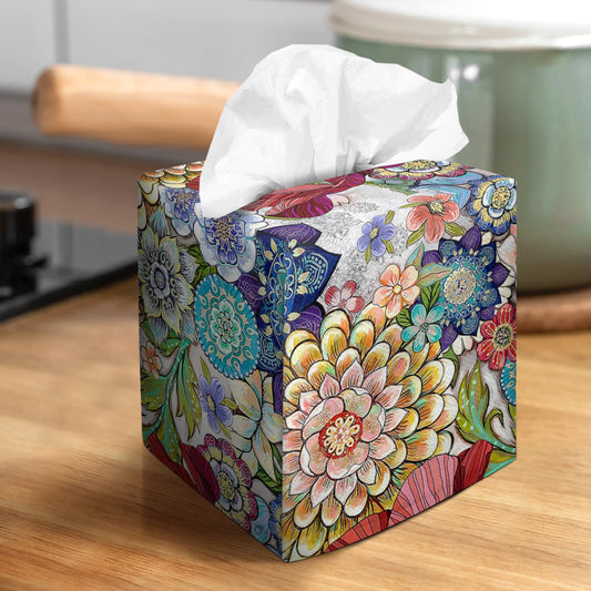 Tissue Box Cover Square Velvet Decorative Tissue Box Holder Cute Funny Cube Tissue Case Cover-Boho Floral Tissue Box Cover