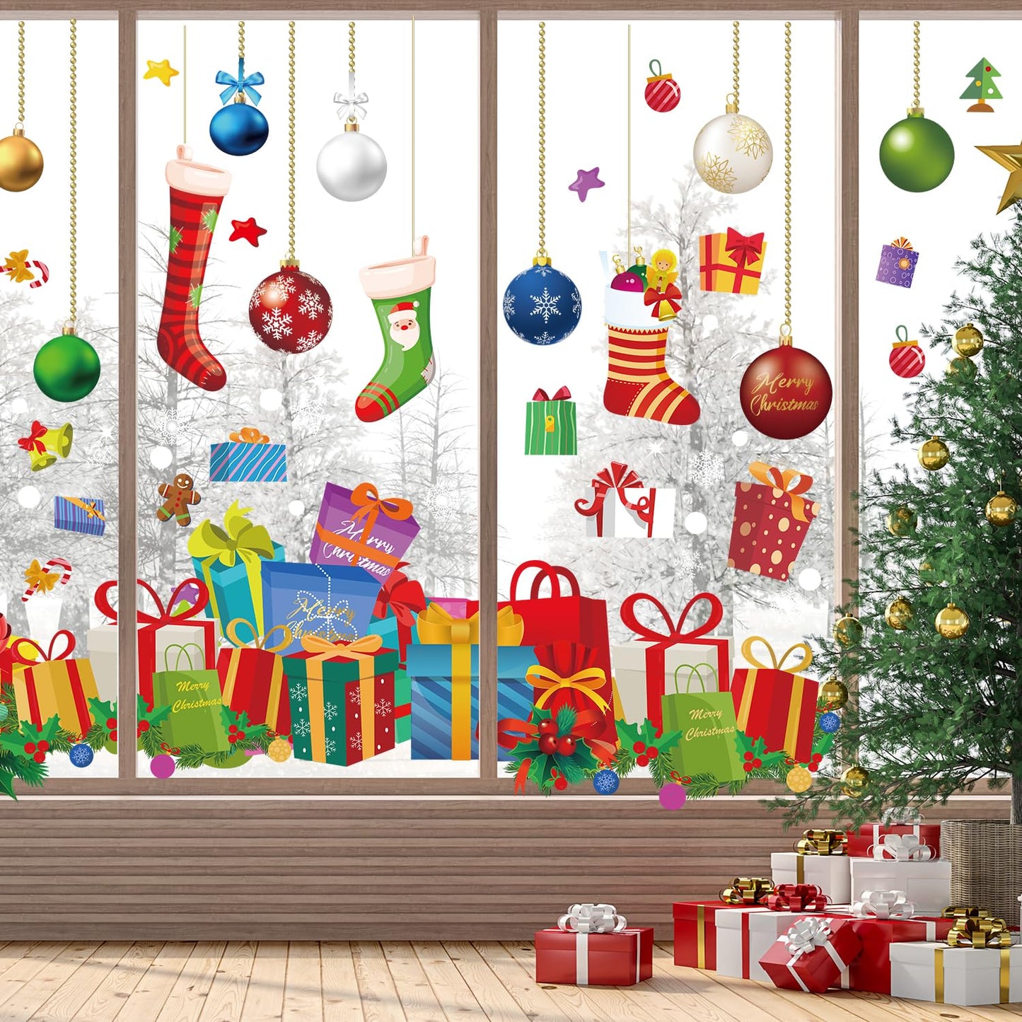 Quera Christmas Window Clings Christmas Ball Snowflake Gift Box Dot Static Window Stickers for Xmas Holiday Window Decorations Decal Home Party Ornaments, 11.8 "X 11.8", 6 Sheets