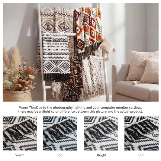 CASAAGUSTO Boho Throw Blanket for Couch - Farmhouse Throw Blanket with Tassel, Western Aztec Blanket, Printed Flannel Bohemian Blanket,Gifts for Women(50x60 Inches, Black and White)