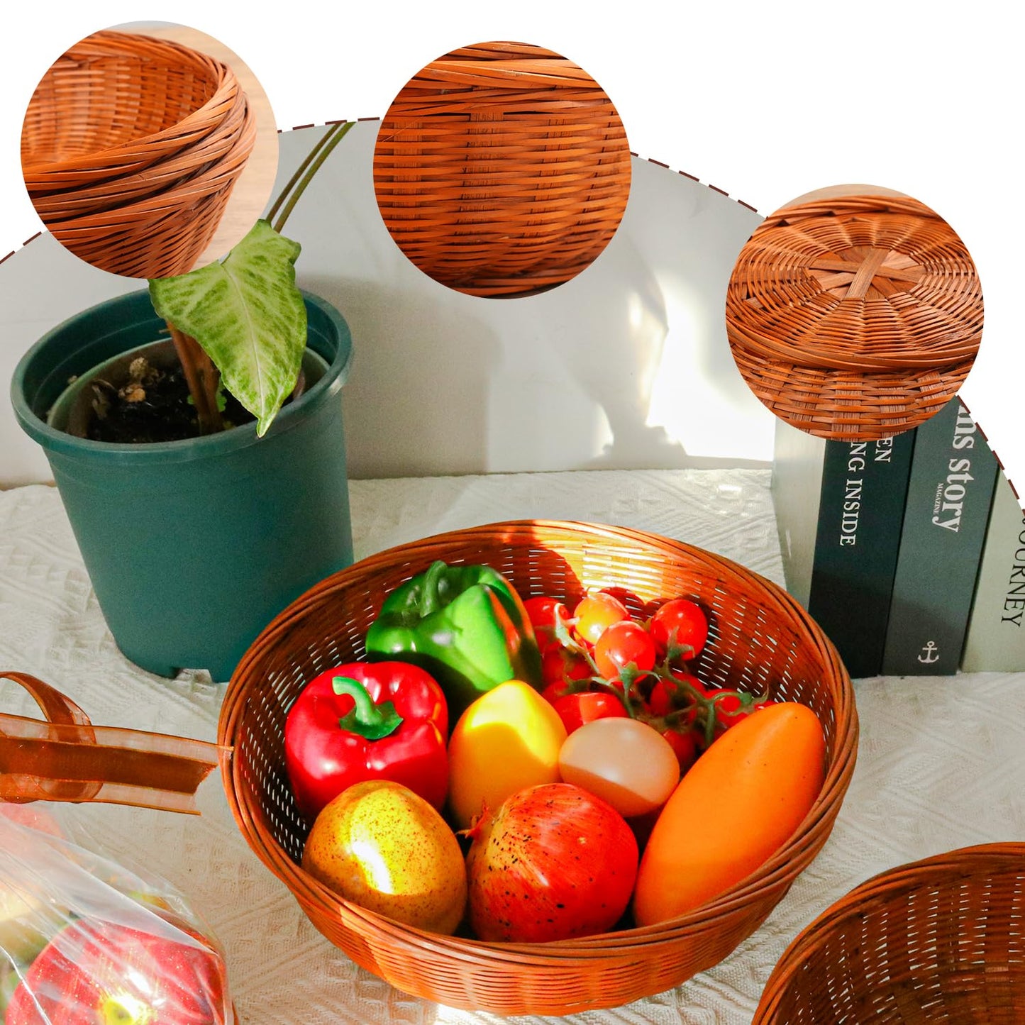 Geytetqi 4 Pack 10.7 Inch Round Hand Weave Bamboo Basket, Round Bamboo Wicker Baskets for Picnic, Wall Decorate and Rustic Party Decorate(10.7 inch