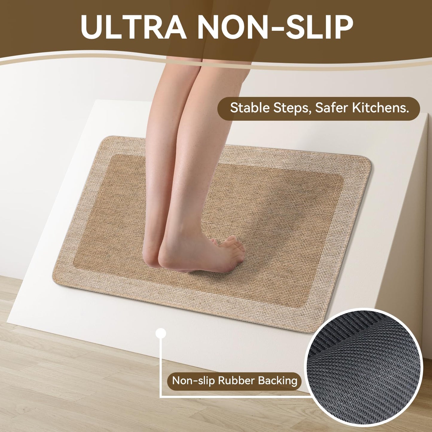 Quqei Kitchen Mat Non Slip, Washable Kitchen Rugs, Absorbent Kitchen Mats for Floor, Rubber Backing Soft Standing Floor Mat Runner Rug for Front of Sink, Easy to Clean and Maintain, Brown 17"x30"