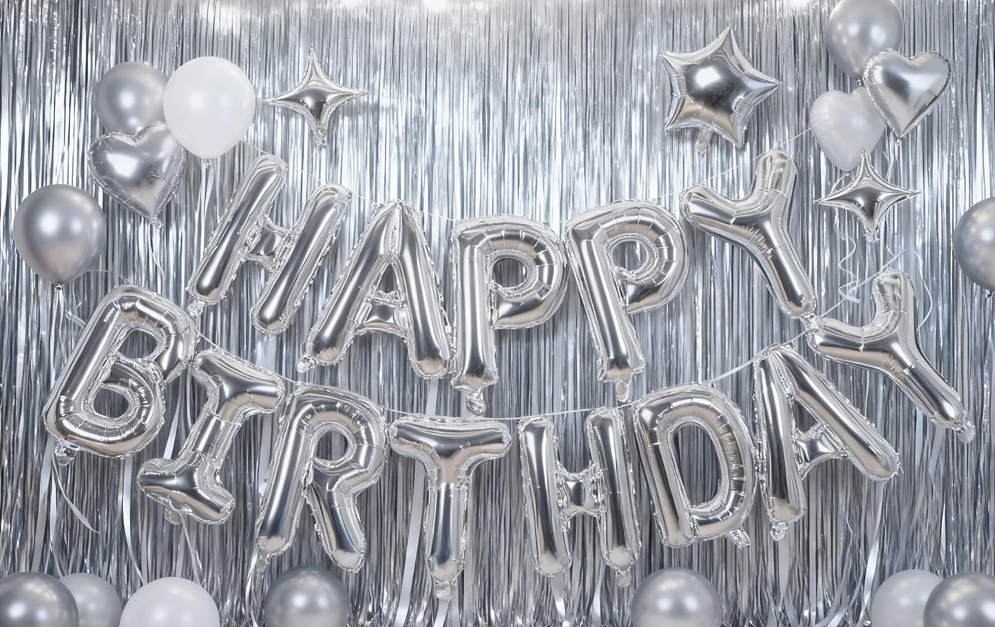 Silver Happy Birthday Banner Balloon Aluminum Foil 16 Inch Letter,10 Inch Five Pointed Star Four Pointed Star Suitable for Kids, Men, Women, Boys and Girls Party Decoration Supplies