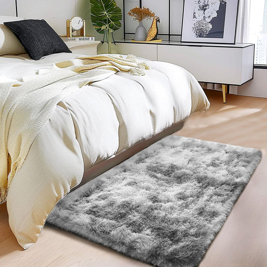 Shaggy Soft Fluffy Rug Non-Slip Indoor Floor Carpet for Living Room Anti-Skid Indoor Plush Carpet for Living Room, Height Pile 1.4" Plush Rug Tie-Dyed Light Grey 2x3 Feet