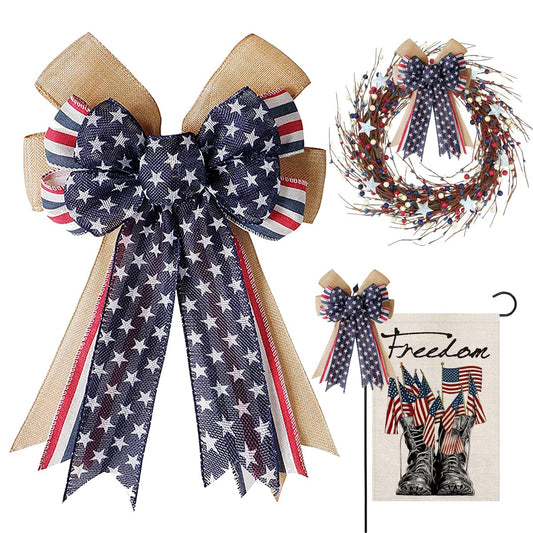 Patriotic Decor Bows for Wreaths,Burlap Red White Blue Stripe Stars Tree Topper Bow for 4th of July,Independence Day,Memorial Day,Veteran's Day,Front Door Indoor Outdoor Decorations