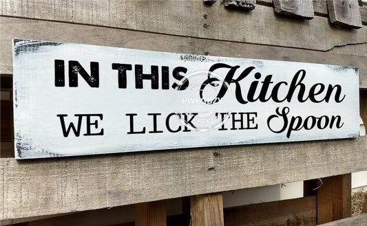 In This Kitchen We Lick The Spoon Sign 6x16 Inch, Farmhouse Kitchen Decor for Wall, Vintage Funny Rustic Kitchen Decor Wall Signs, Rustic Kitchen Signs