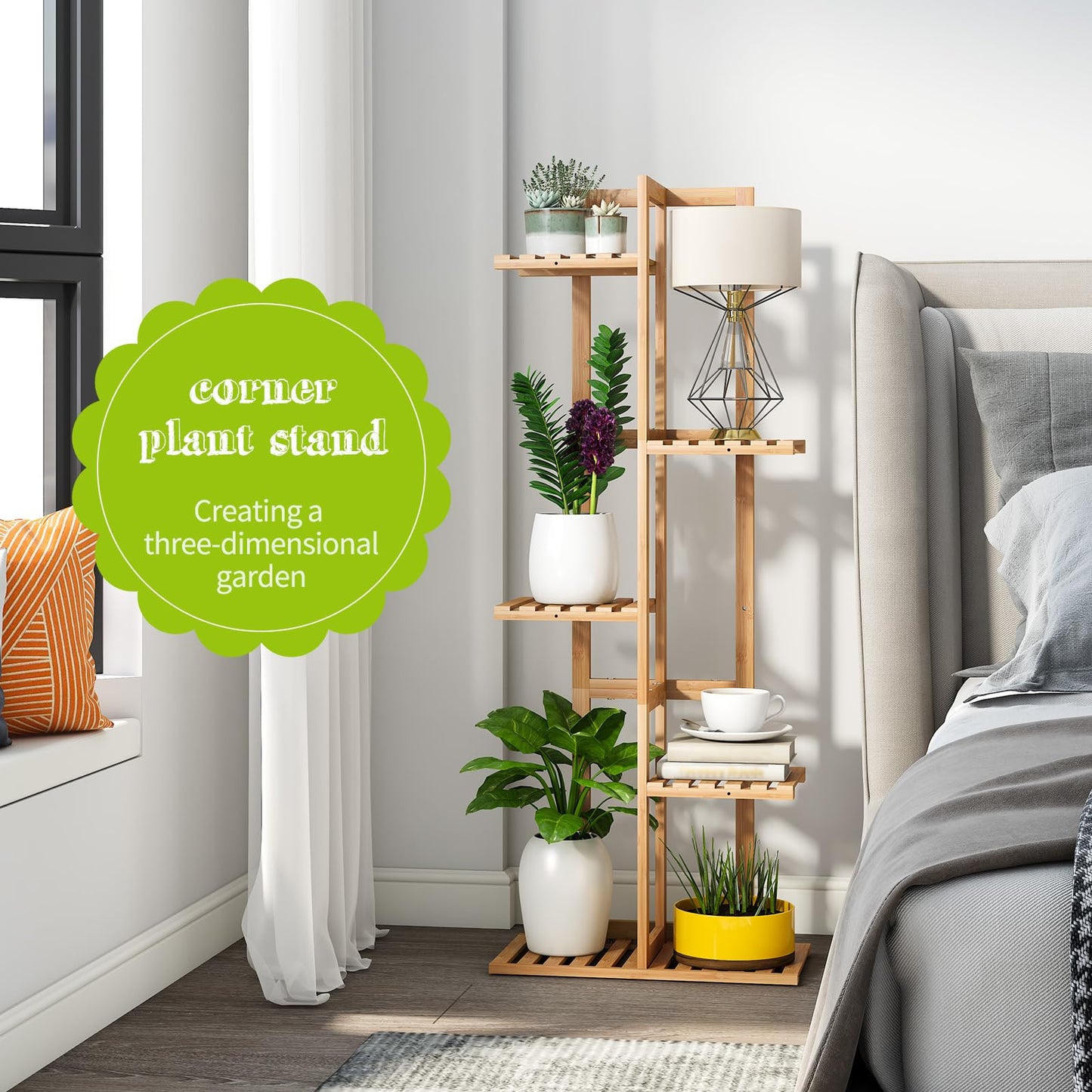 BMOSU Bamboo Plant Stand for Indoor Outdoor Plants Corner Tall Plant Shelf 6 Potted Holder Shelf Plant Rack Holder Display Rack(Natural)