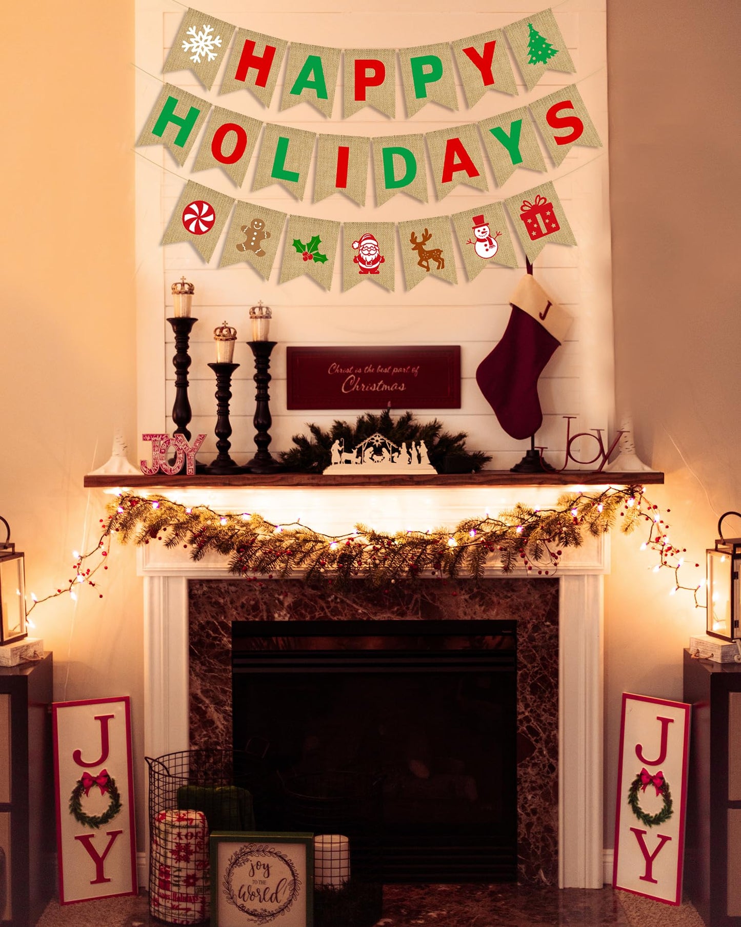 JKQ Happy Holidays Burlap Banner Jute Merry Christmas Bunting Banner with Snowflake Xmas Tree Santa Gingerbread Man Signs Winter Christmas Holiday Party Decorations for Mantle Fireplace Party Supplies