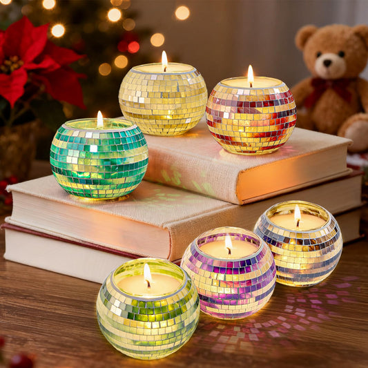 SOUJOY 6 Pack Votive Candle Holder, Handmade Mosaic Glass Tealight Holders, Diwali Decorative Scented Candle Bowl for Valentine, Party, Christmas Table Centerpiece Decor