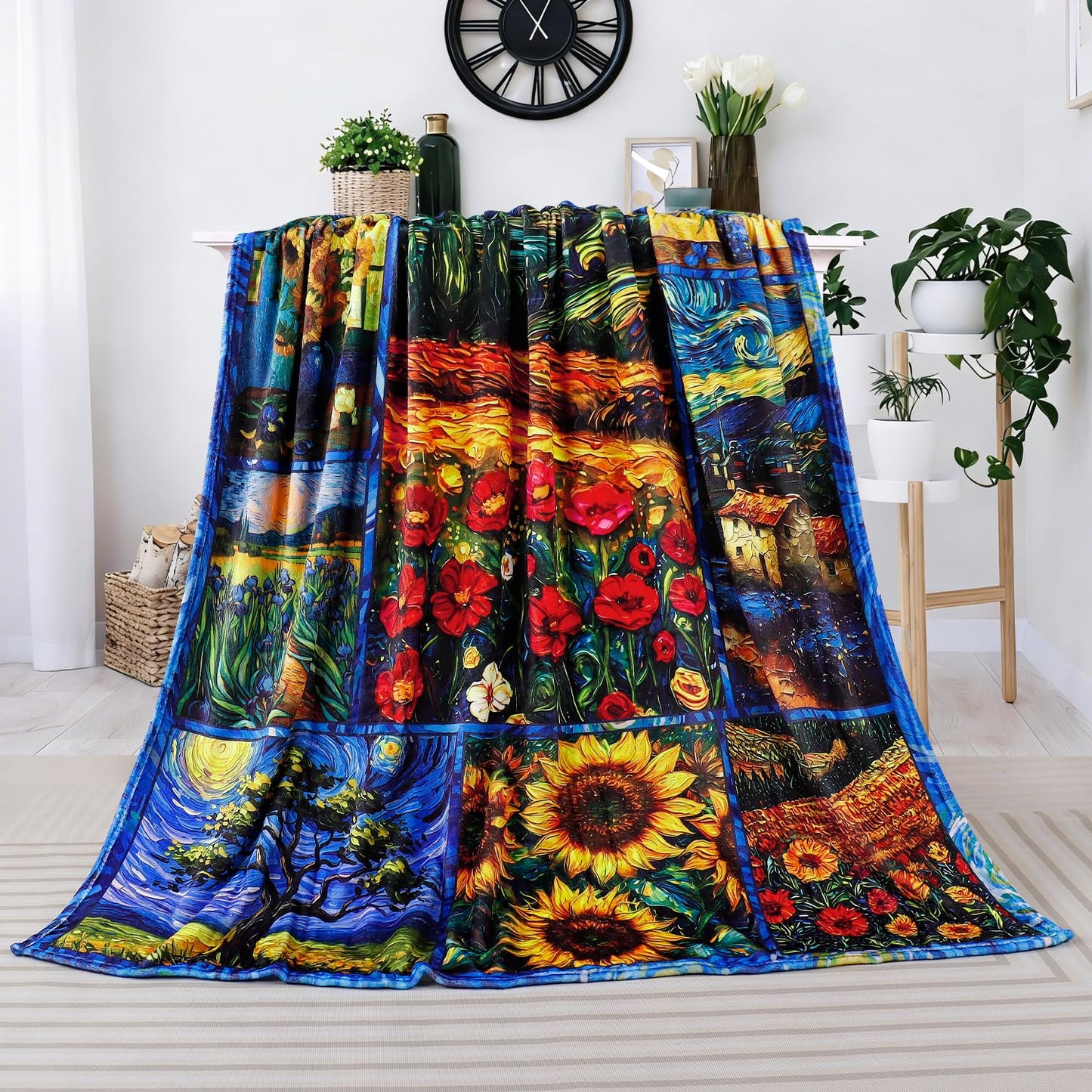 Homithley Oil Painting Collection Throw Blanket Van Gogh Art Patchwork Abstract Starry Night Sunflower Soft Flannel Blanket for Bedding Sofa and Travel Camping 50" × 60"